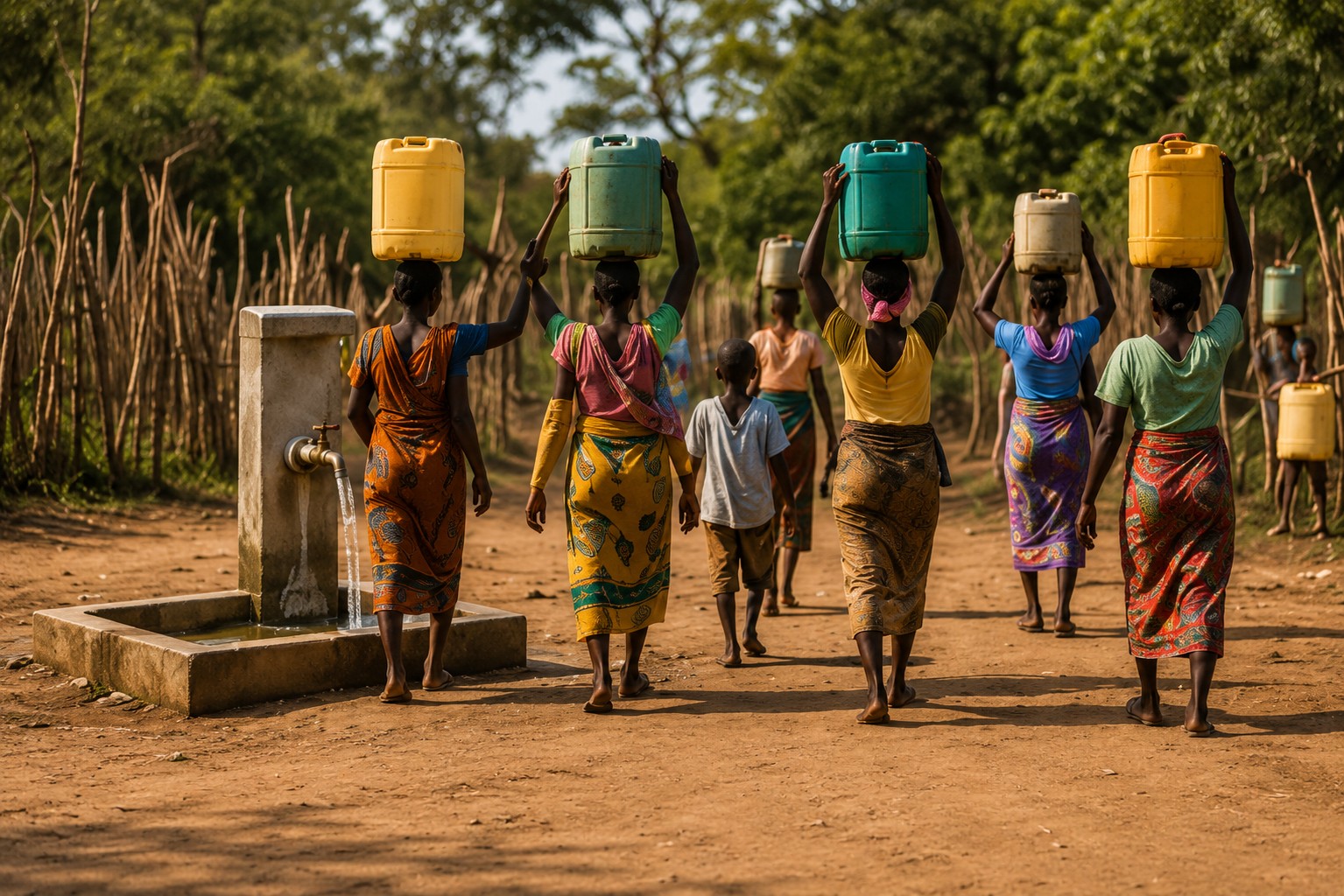Women and children carrying water from a village tap on Manda Island
